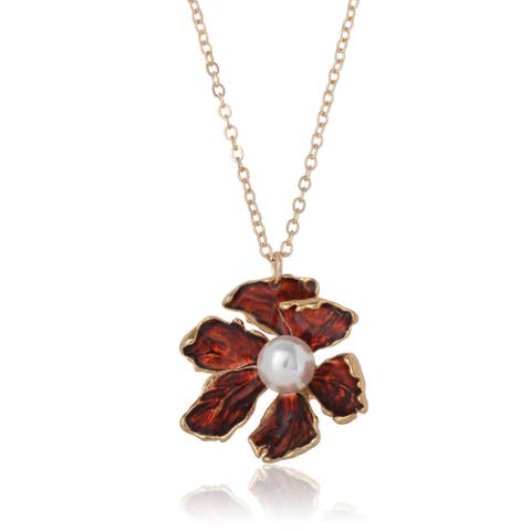 Gold-Tone Floral Pendant Necklace with Pearl Detail