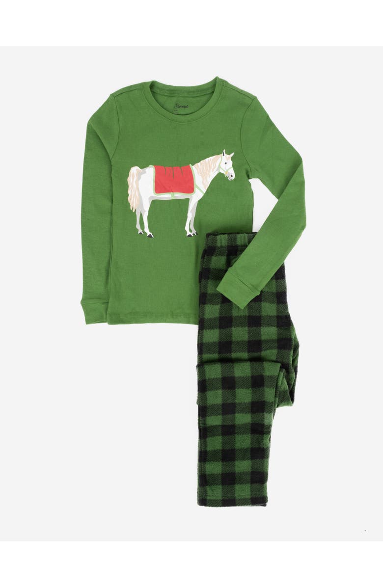 Leveret 2-pc. Cotton Top & Fleece Pants Holiday Pajama Set, Main, color, Horse Green/Black Plaid