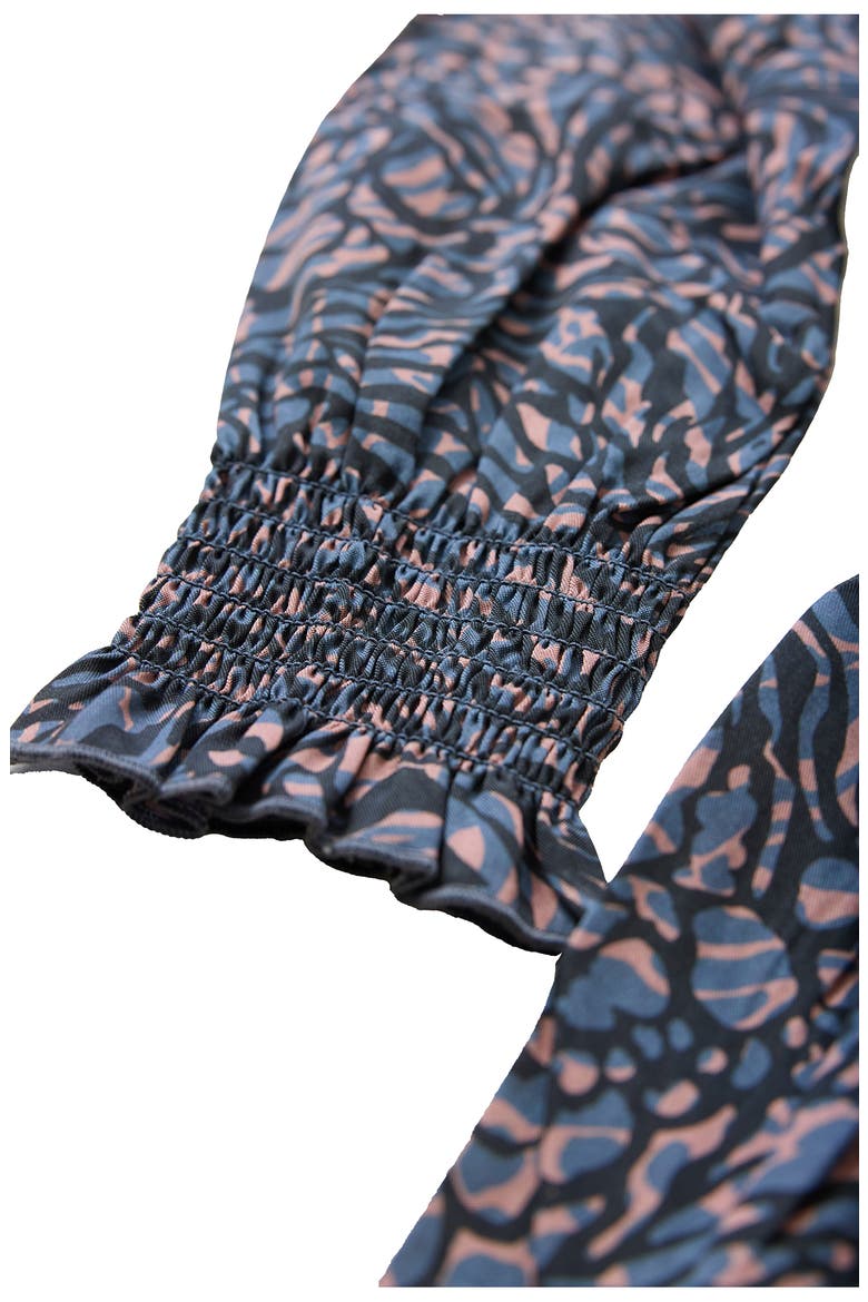 Smocked Occasion Bracelet Sleeve Sateen Maternity Dress, Alternate, color, BLUE/ TAN ANIMAL FLORAL