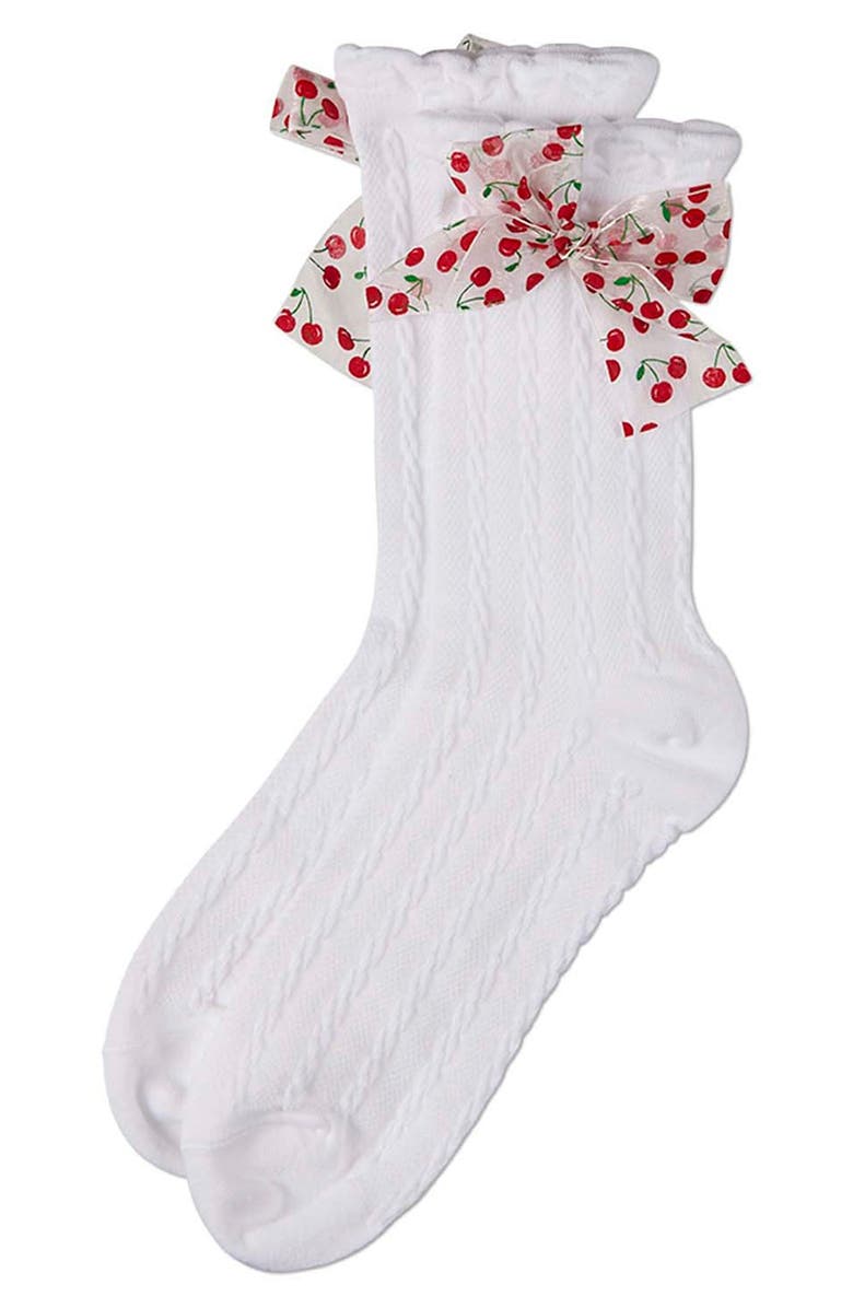 MeMoi Cherry Bow Cable Crew Socks, Main, color, White
