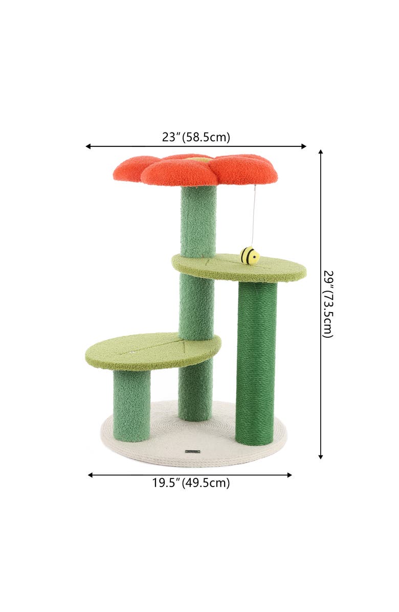 The Licker Store Poppy 29" 3-Tier Modern Jute Flower Cat Tree with Dangling Toy, Alternate, color, Orange/Green