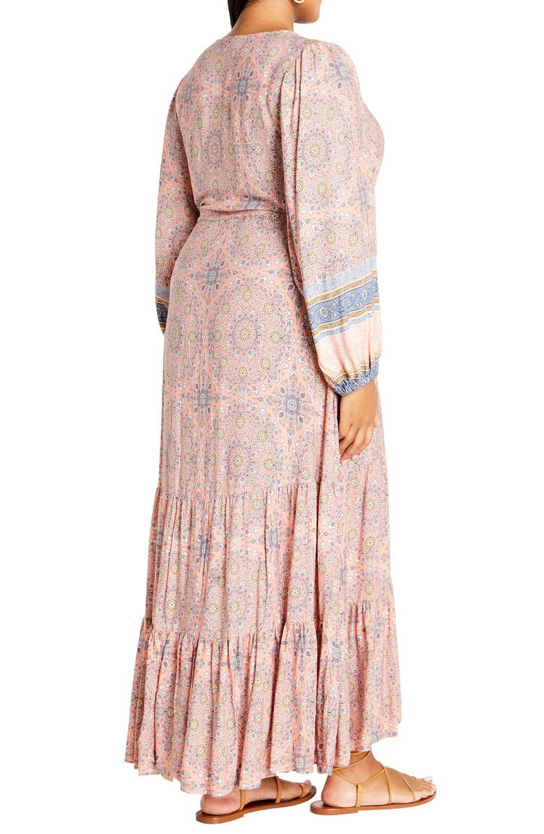 City Chic Clover Tie Belt Button Front Long Sleeve Maxi Dress, Alternate, color, Peachy Border