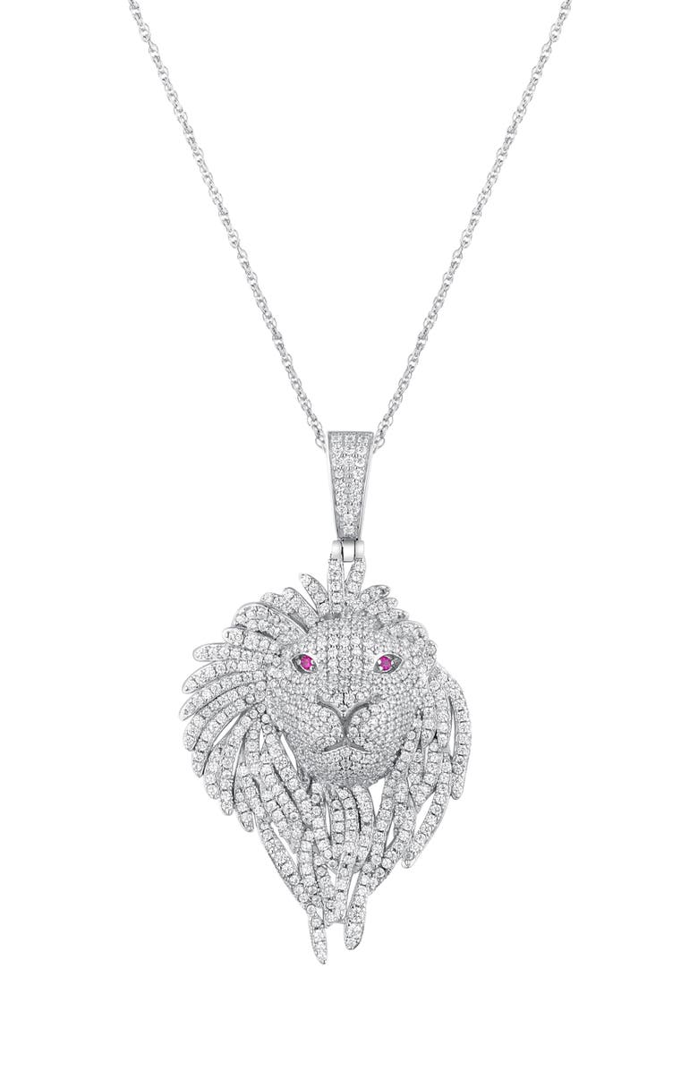 CANDELA JEWELRY Men's Sterling Silver Pavé Cubic Zirconia Lion Head Pendant Necklace, Main, color, Silver/ Clear