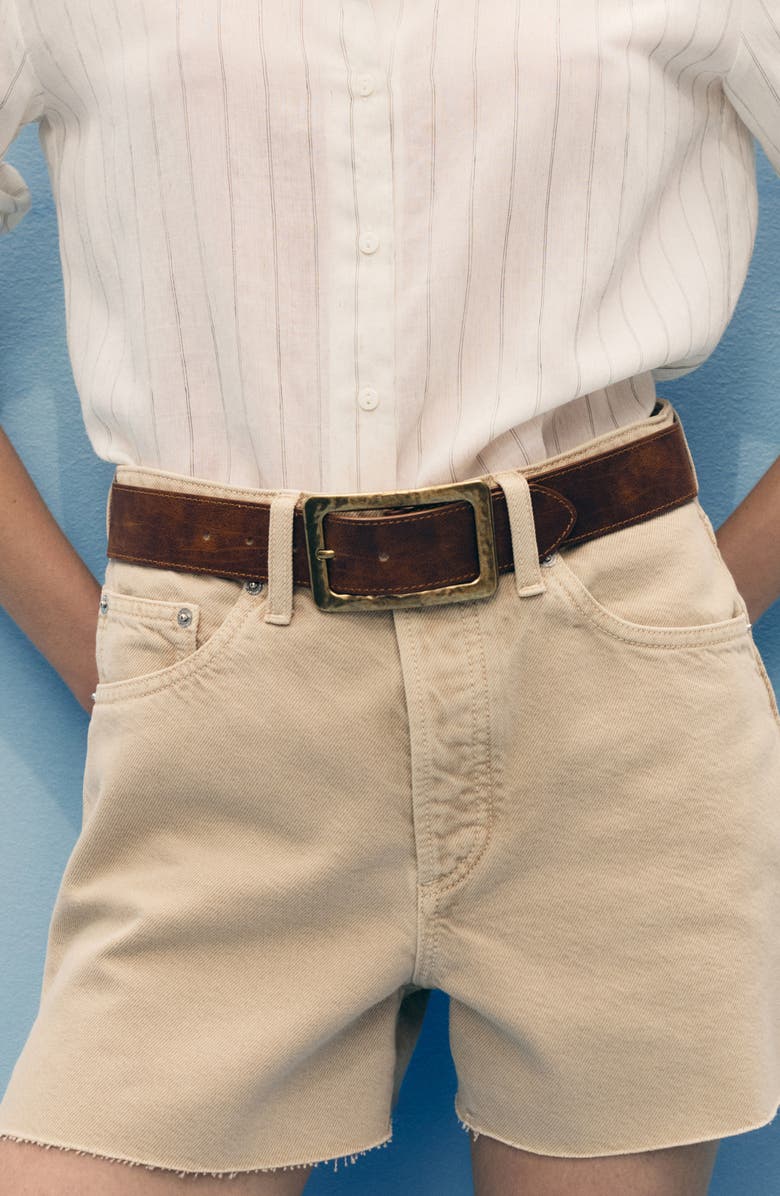 MANGO Button Fly Fray Hem Denim Shorts, Alternate, color, Sand