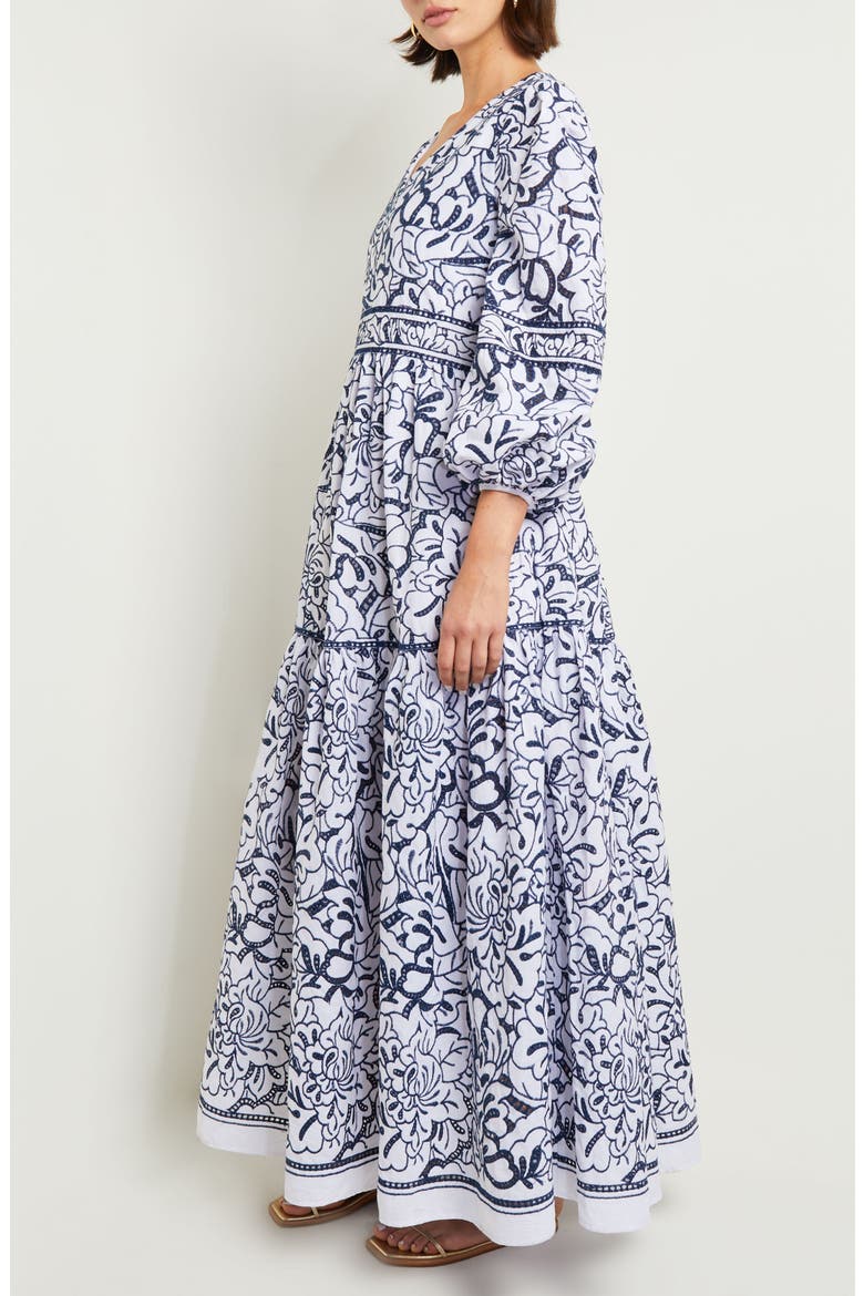 Embroiderd Floral Cotton Maxi Dress, Alternate, color, MAZARINE/ WHITE