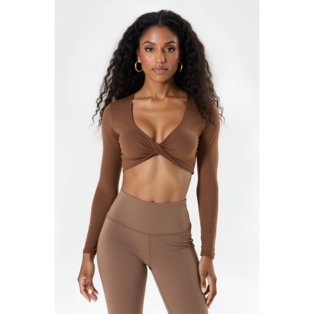 Modenaire Active Long Sleeve Twist Front Crop Top In Brown