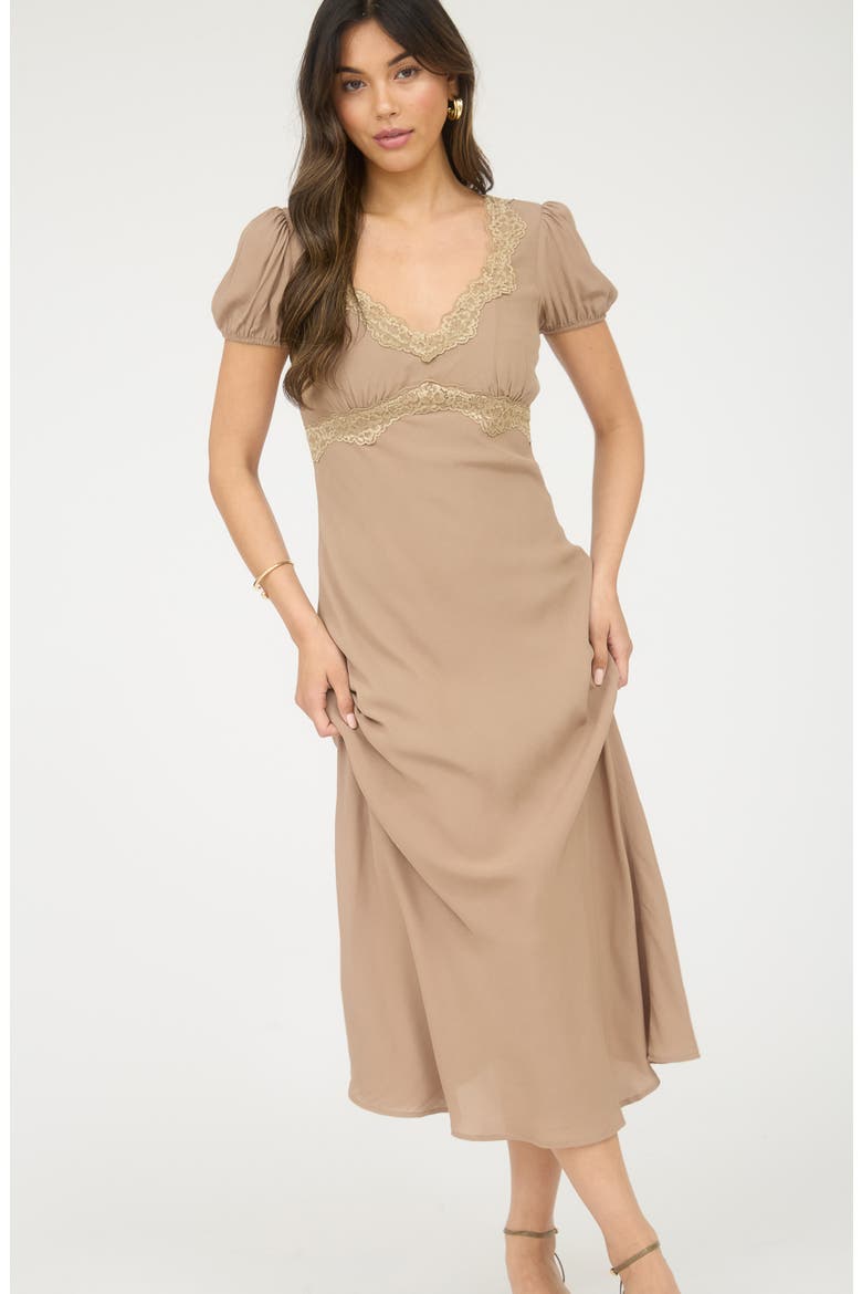 Lace Trim Puff Sleeve Midi Dress, Alternate, color, TAUPE