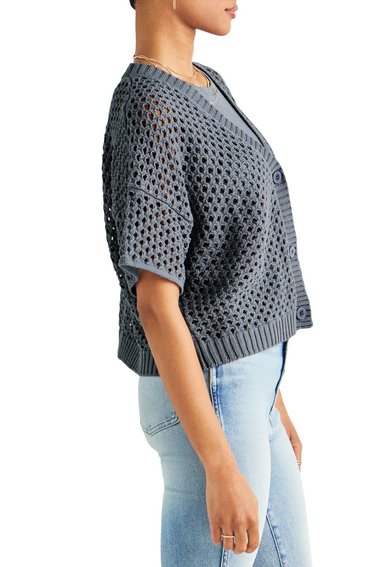 Nova Short Sleeve Cotton Pointelle Cardigan, Alternate, color, STORM