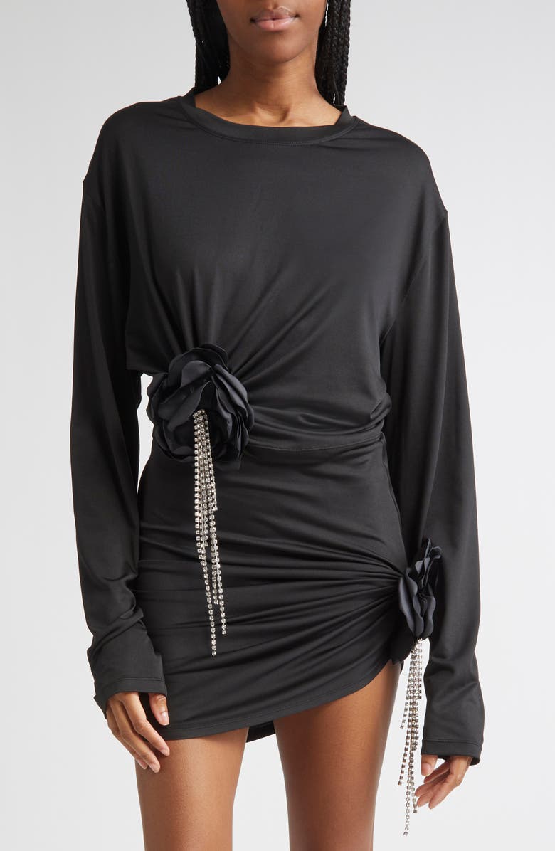 Area Crystal Flower Draped Long Sleeve Crop Top, Main, color, Black