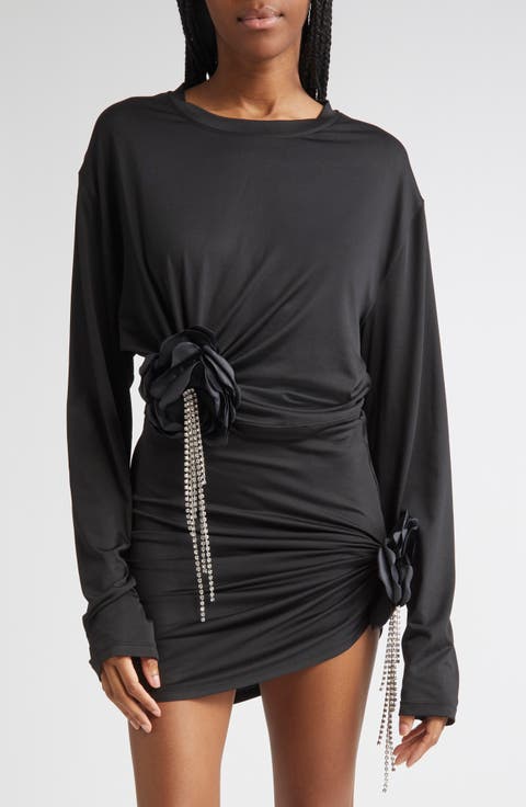 Crystal Flower Draped Long Sleeve Crop Top