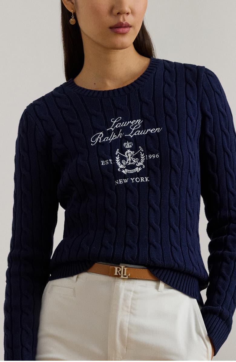 Lauren Ralph Lauren Cable Knit Embroidered Sweater, Alternate, color, Refined Navy Blue