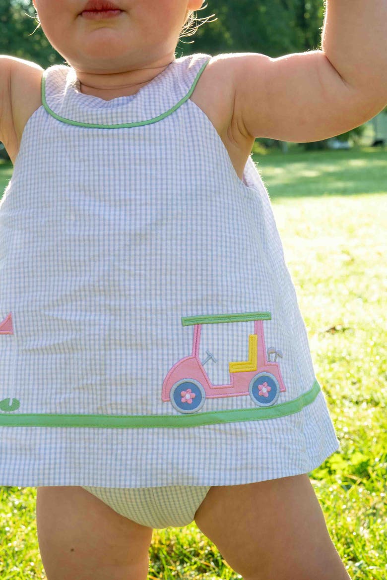 Check Seersucker Skirted Romper with Golf Cart, Alternate, color, Blue/White