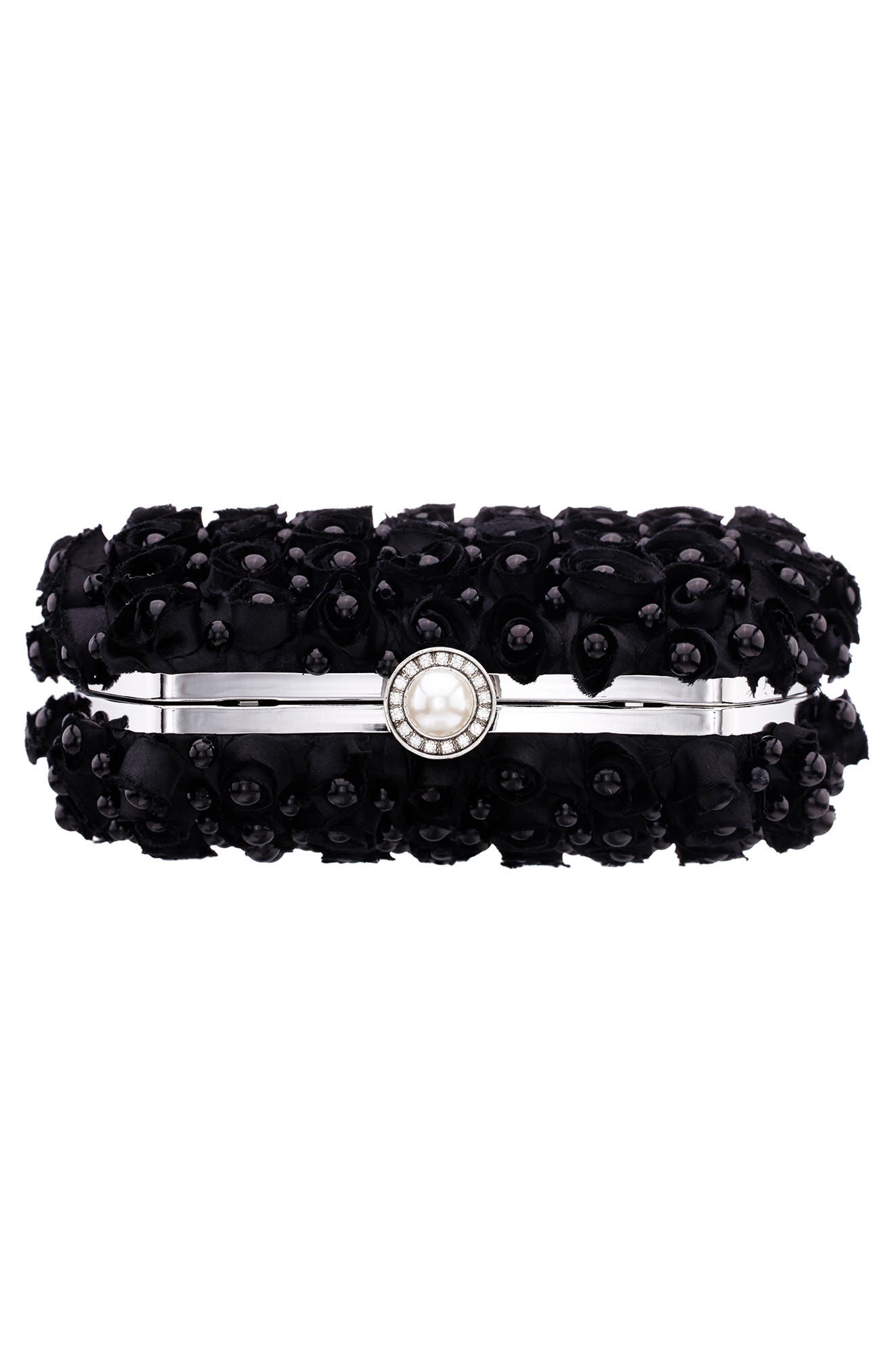Paloma Rosette Imitation Pearl Frame Clutch, Alternate, color, BLACK