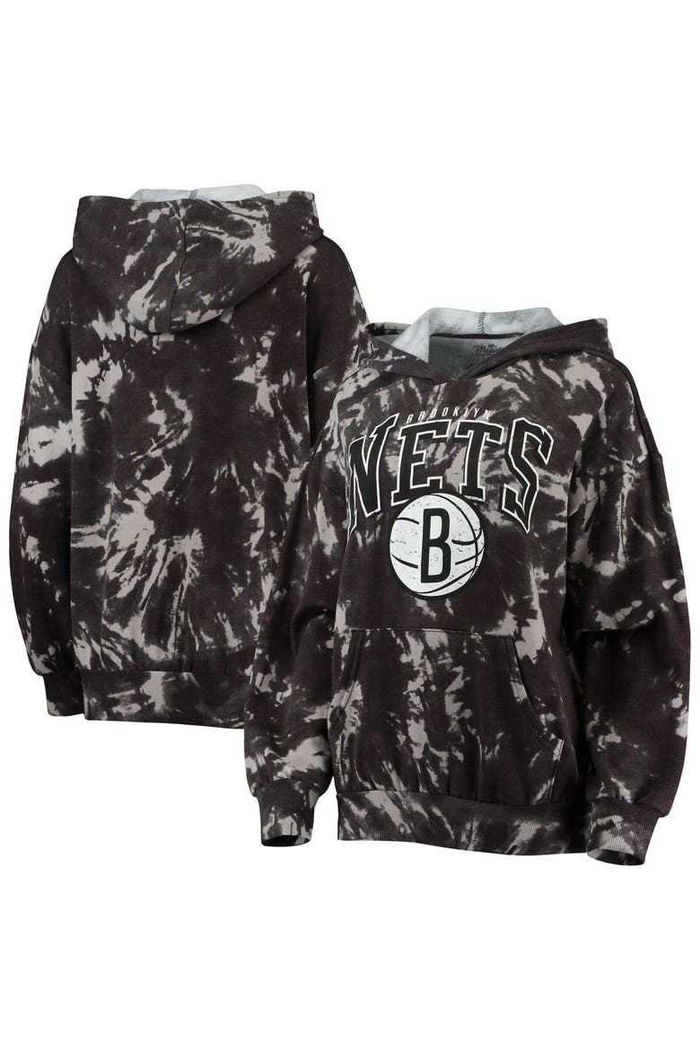 Women's Majestic Threads Black Brooklyn Nets Burble Tie-Dye Tri-Blend Pullover Hoodie, Main, color, Black