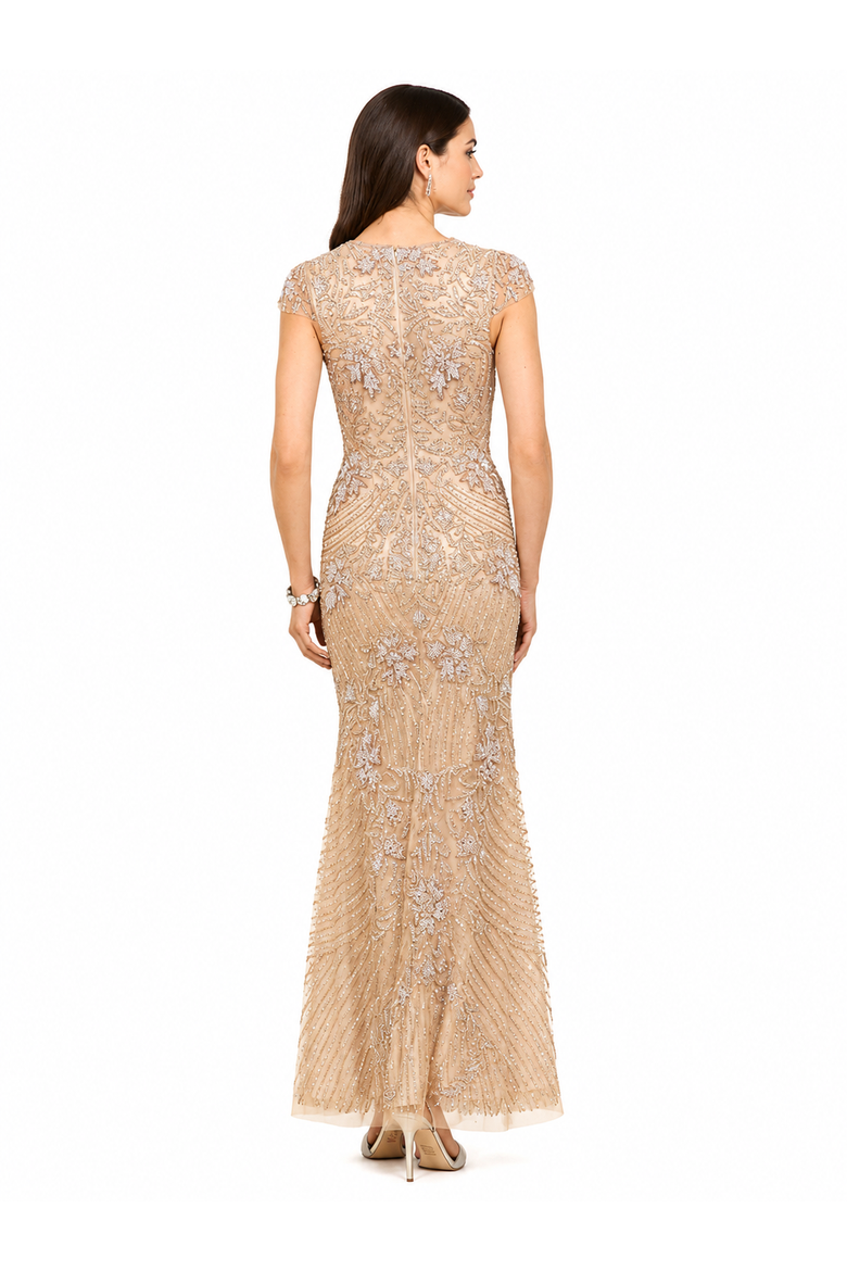 Beaded Cap Sleeve Gown, Alternate, color, Nude