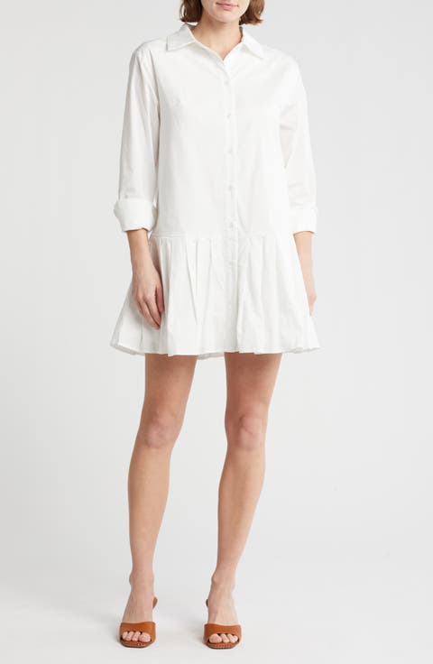 Pleated Long Sleeve Cotton Button-Up Shirtdress