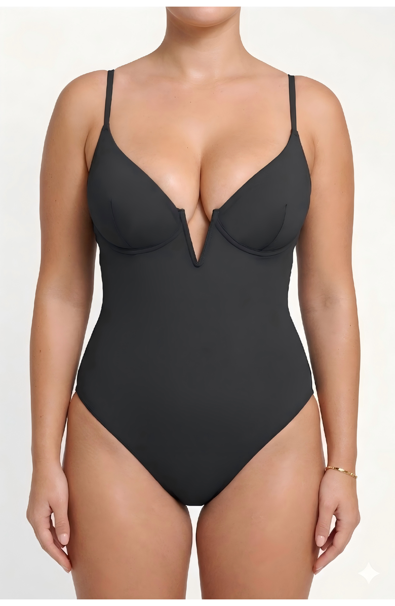 Popilush Plunging V Built-in Shapewear Low Back One-Piece Swimsuit, Main, color, Midnight Black