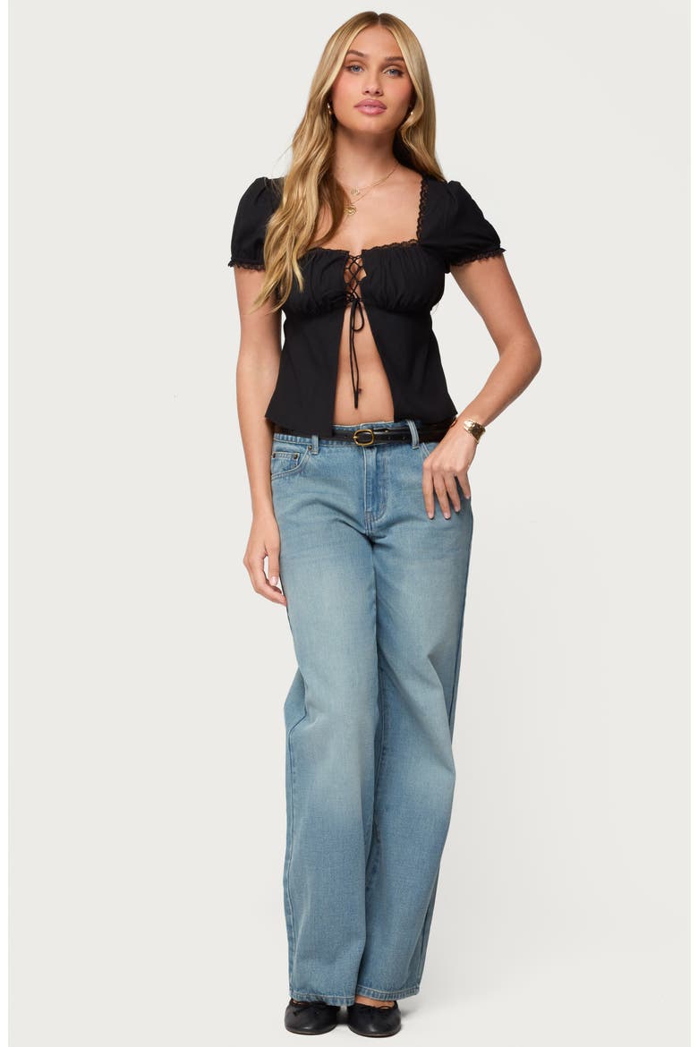 Lacey Split Front Lace-Up Top, Alternate, color, BLACK