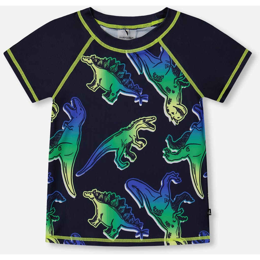 Deux Par Deux Baby Boy's Short Sleeve Rashguard Blue And Green Dino On Navy In Blue And Green Dino On Navy