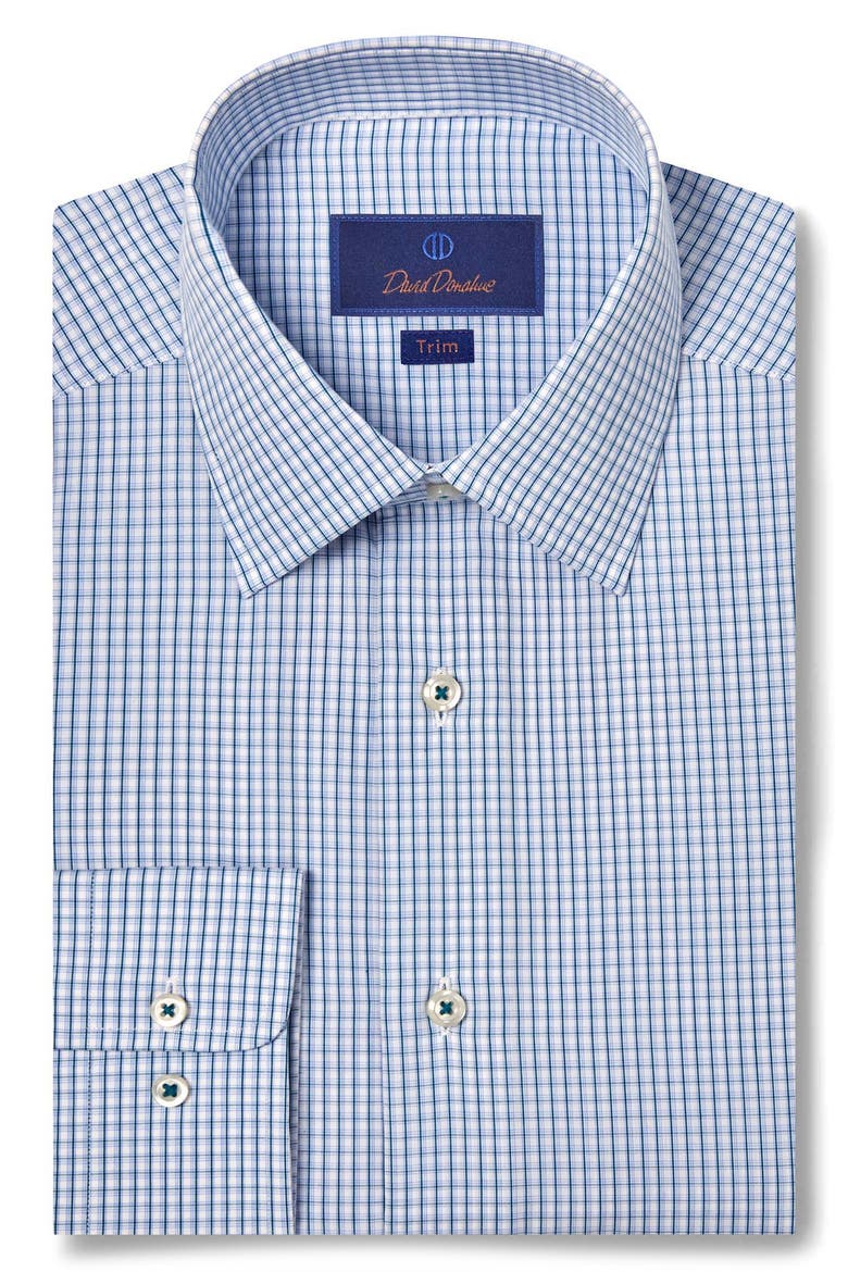 Trim Fit Microcheck Cotton Poplin Dress Shirt, Main, color, WHITE/ OCEAN