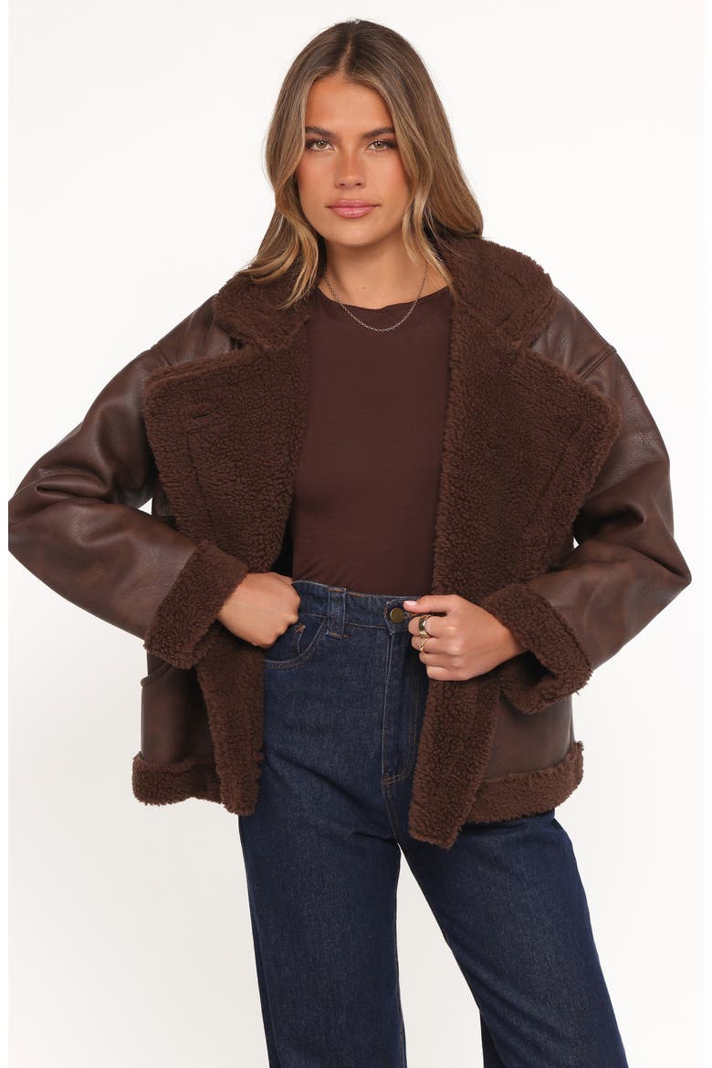 Faux Leather & Faux Shearling Car Coat, Alternate, color, CHOCOLATE