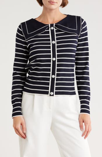 Adrianna Papell Stripe Bow Cardigan In Blue