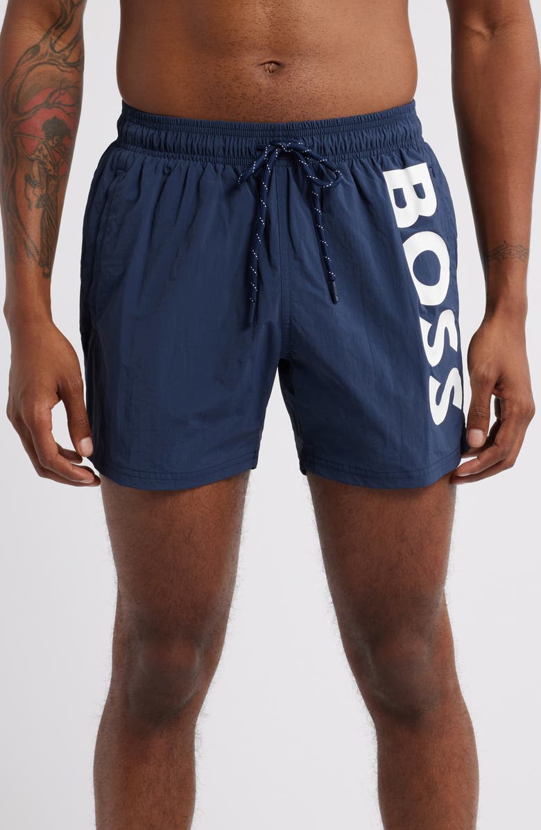 BOSS SWIMWEAR Octopus Swim Trunks, Main, color, Navy
