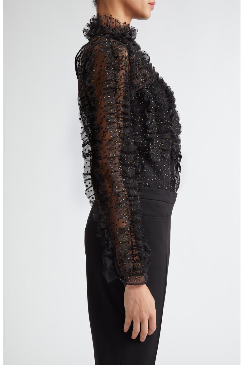 Embellished Sheer Ruffle Long Sleeve Tulle Top, Alternate, color, BLACK-GOLD