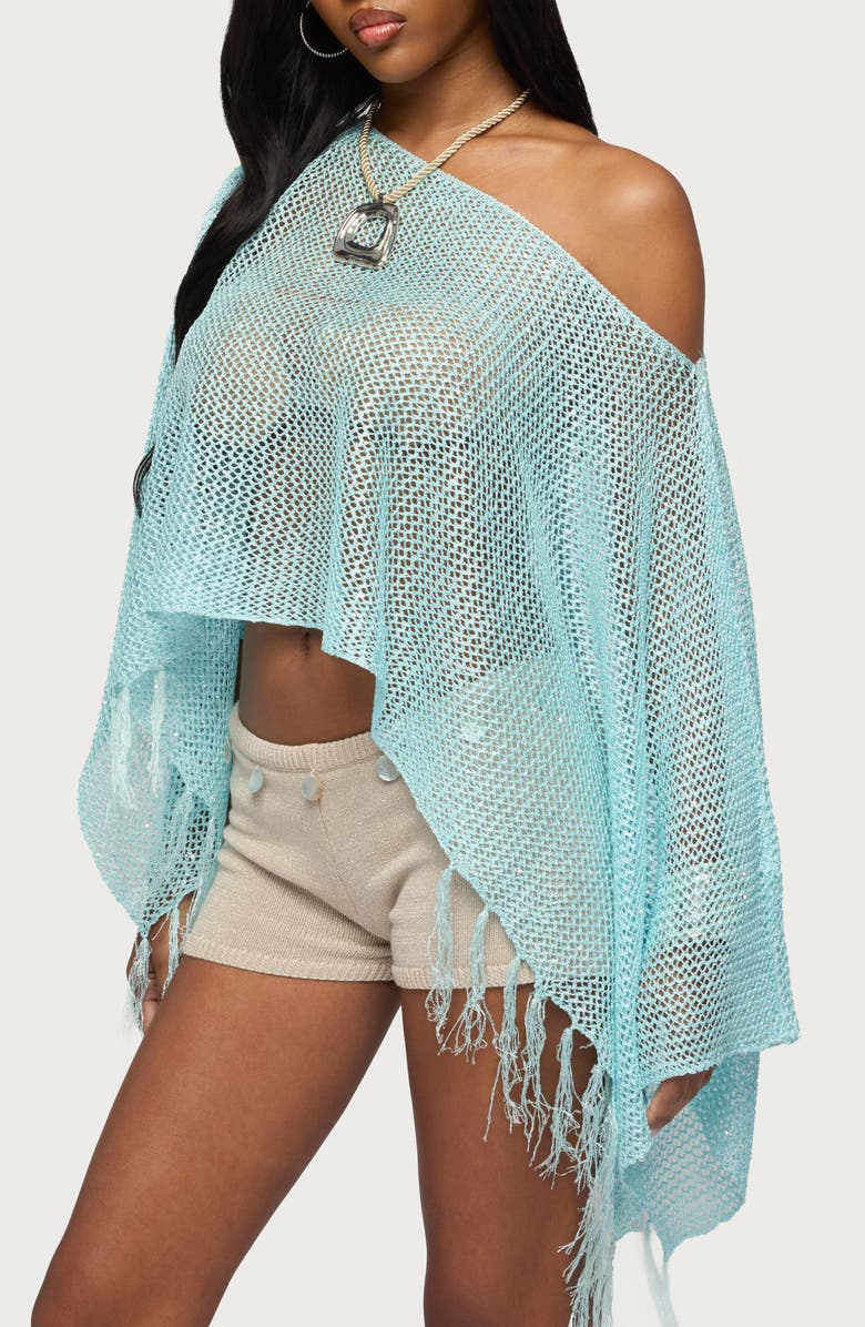 EDIKTED Sequin Fringe Knit Poncho, Alternate, color, Light-Blue