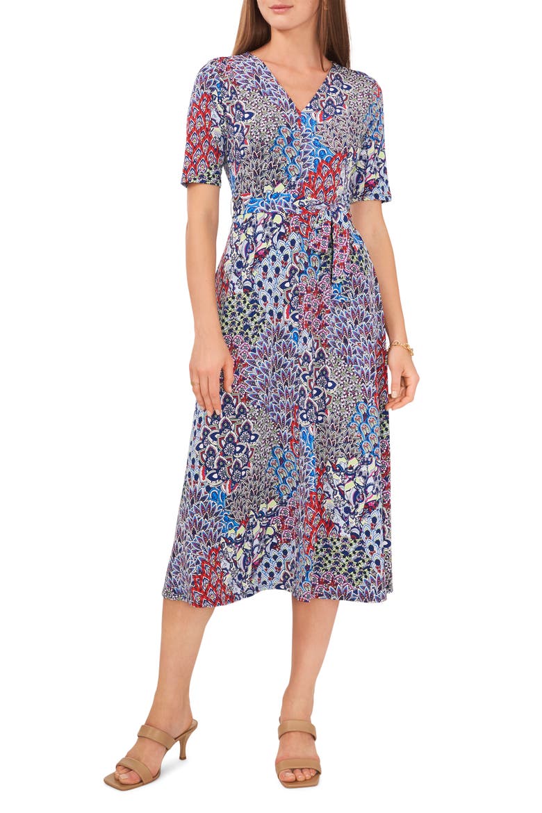 Print V-Neck Midi Dress, Main, color, ORANGE/PURPLE/BLUE