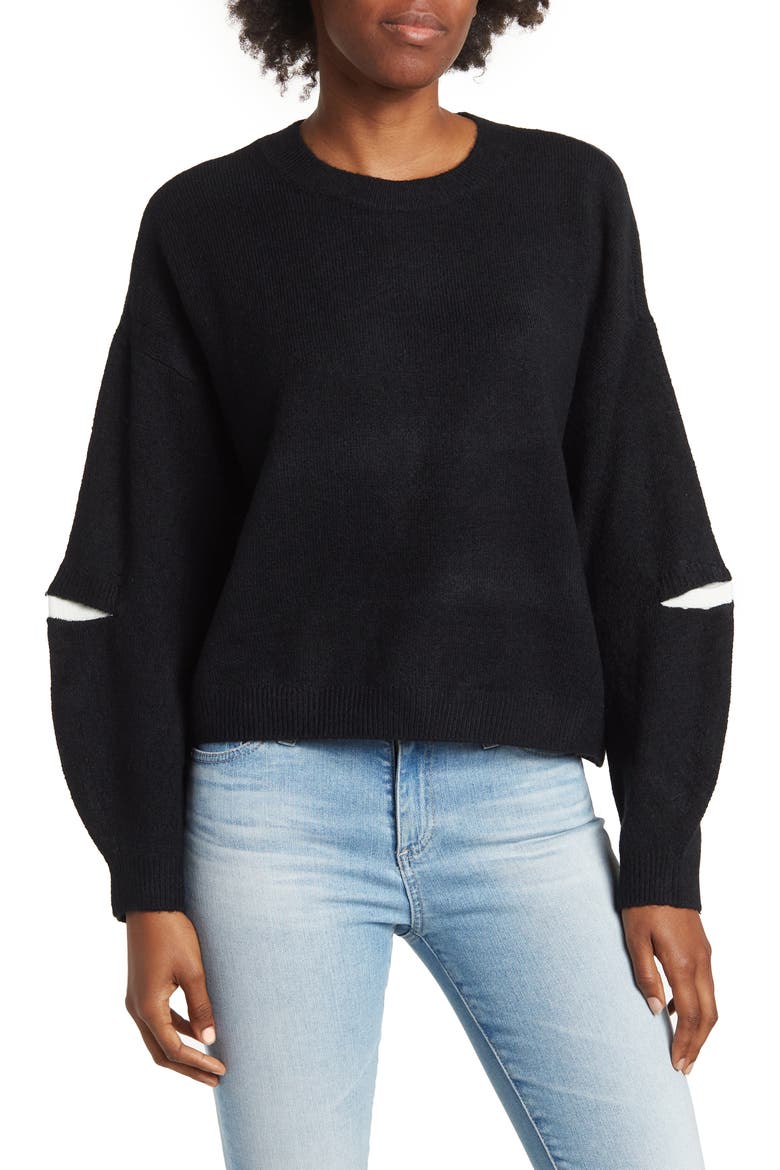 Elbow Cut-Out Puff Sleeve Sweater, Main, color, RICH BLACK/ WHITE