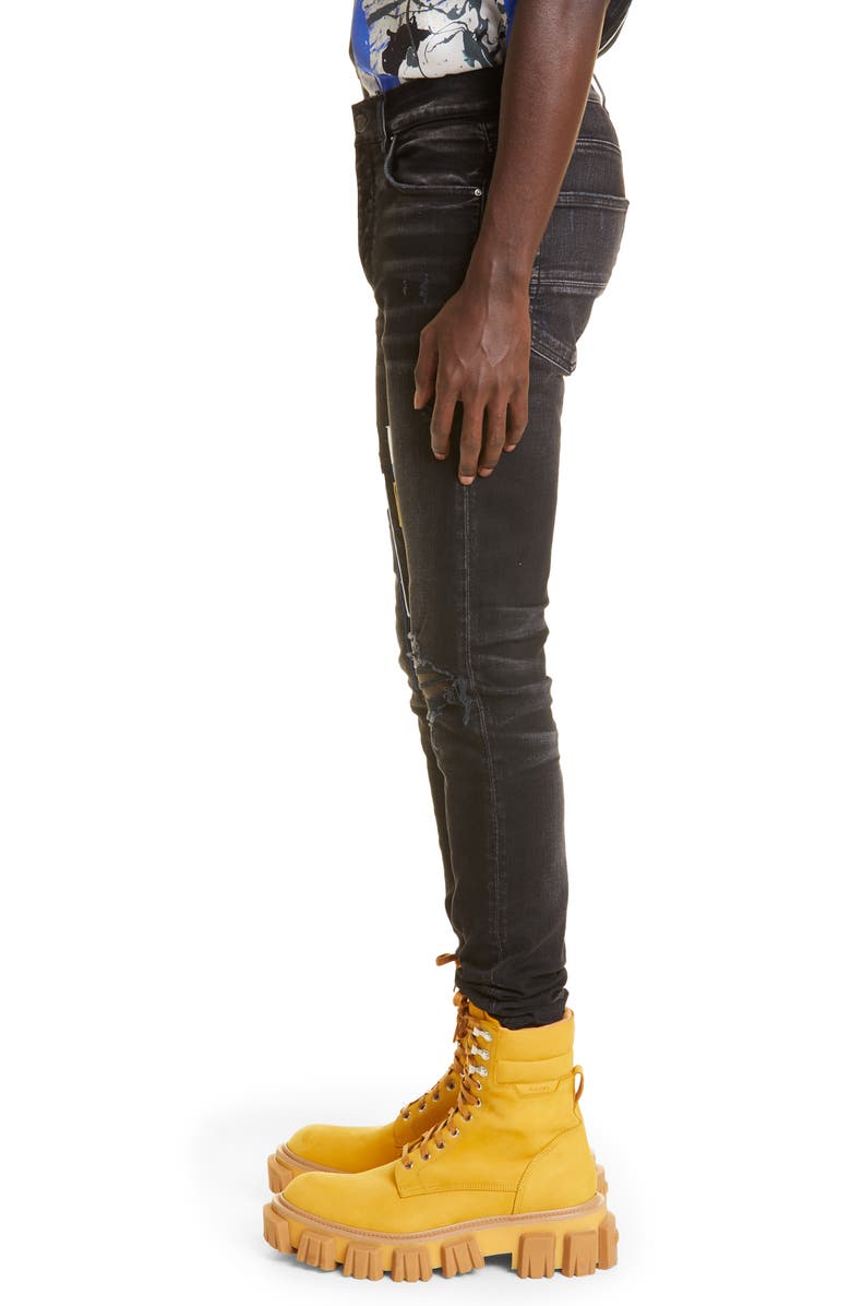 AMIRI Paint Drip Logo Ripped Skinny Jeans, Alternate, color, 