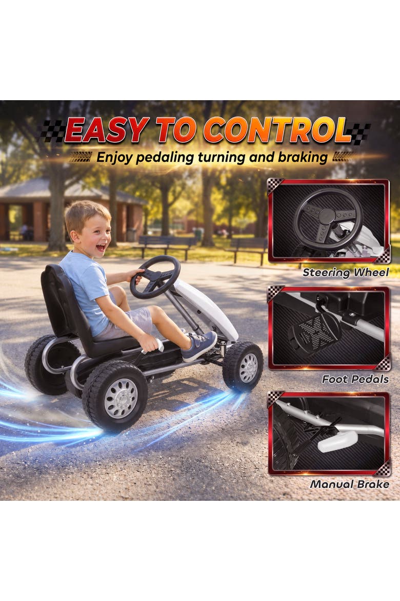 Pedal Go Kart for Kids with Lightweight Aluminum Frame, Steering Wheel, Go Cart Ride on Toy with Manual Brake, Alternate, color, White