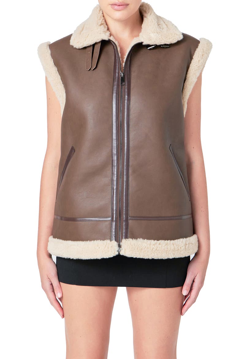 Faux Shearling Lined Faux Leather Vest, Alternate, color, CHOCOLATE BROWN