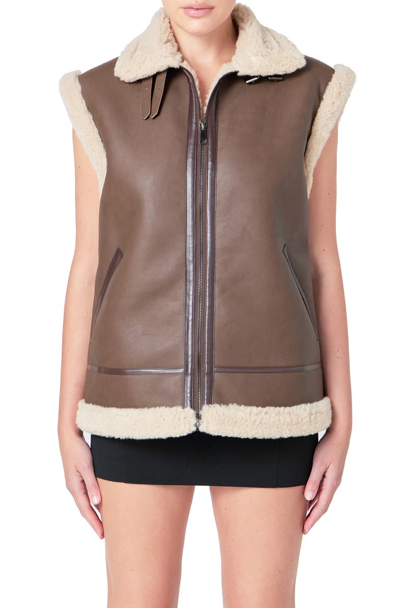 Endless Rose Faux Shearling Lined Faux Leather Vest, Alternate, color, Chocolate Brown