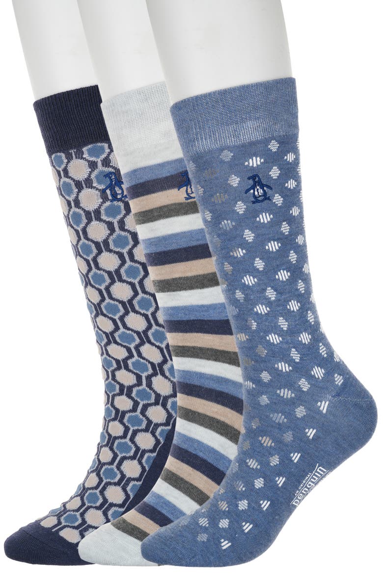 Original Penguin Paxton Neat Assorted 3-Pack Crew Socks, Main, color, Denim