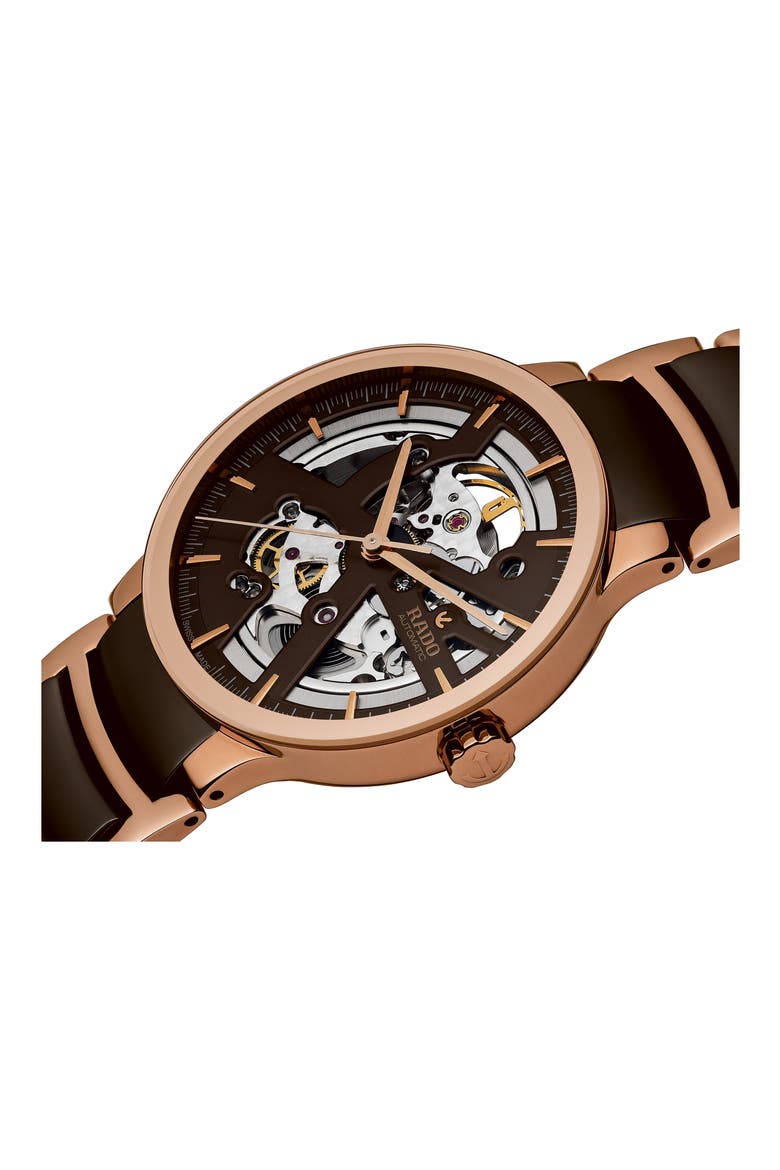 Centrix Automatic Open Heart Ceramic Bracelet Watch, 38mm, Alternate, color, BROWN/ ROSE GOLD