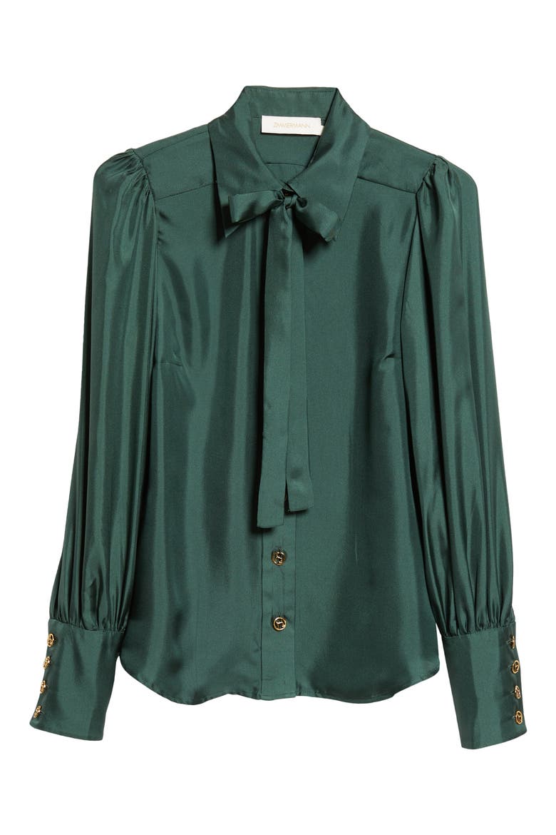 Silk Satin Tie Neck Button-Up Shirt, Alternate, color, PINE