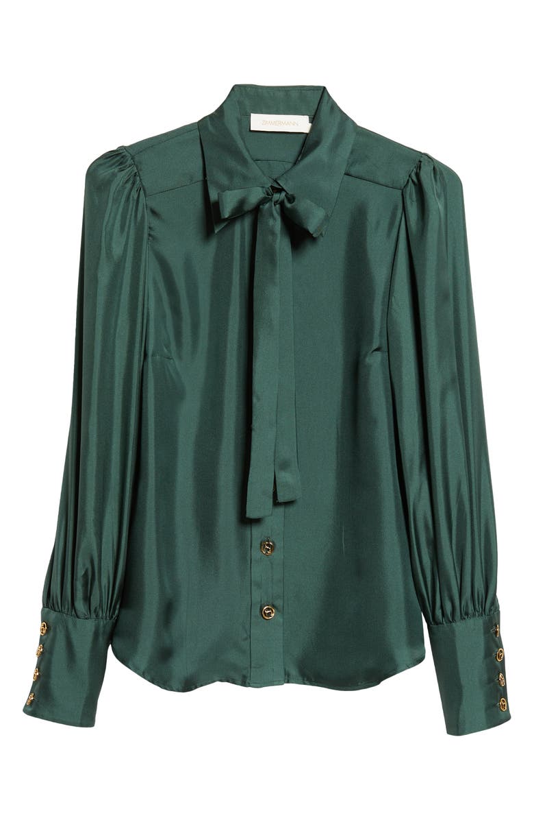 Zimmermann Silk Satin Tie Neck Button-Up Shirt, Alternate, color, 