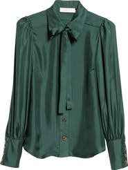 Zimmermann Silk Satin Tie Neck Button-Up Shirt