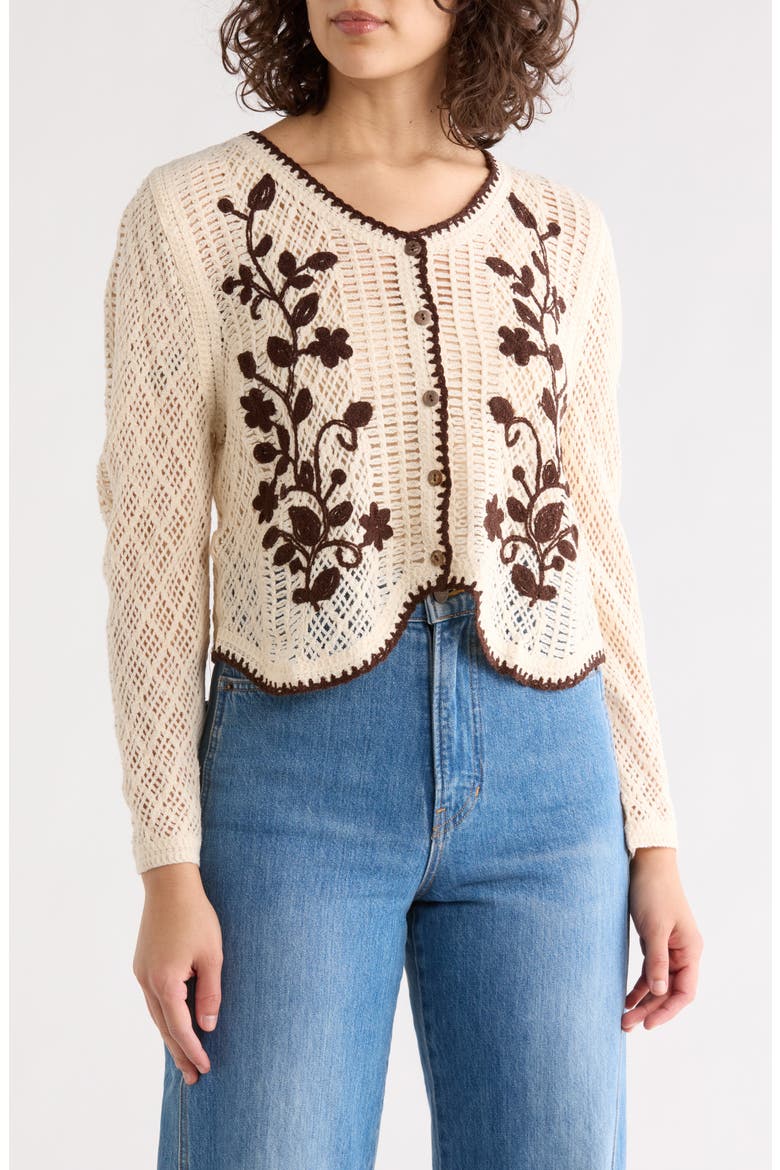 Floral Embroidered Open Stitch Cardigan, Main, color, NATURAL/ DARK BROWN