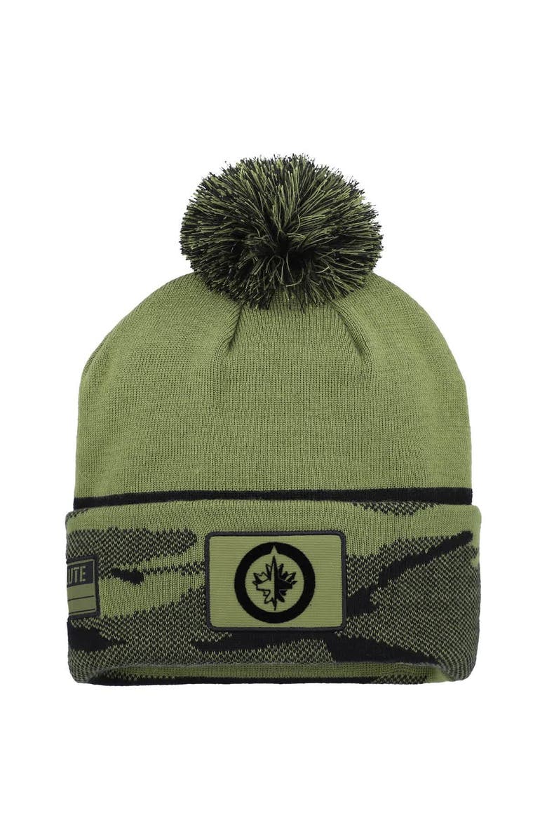 FANATICS Men's Fanatics  Olive Winnipeg Jets Military Appreciation Cuffed Knit Hat with Pom, Main, color, Olive