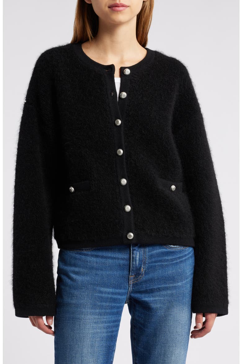 Kaia Boxy Bouclé Cardigan, Alternate, color, BLACK