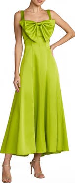 Mac Duggal Satin Midi Dress with Bow Detail and Wide Straps
