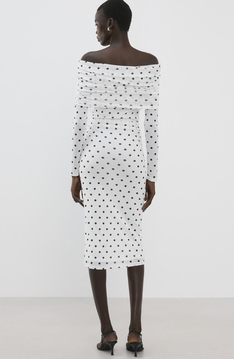 MANGO Nevado Vestido Dot Off the Shoulder Long Sleeve Midi Dress, Alternate, color, White