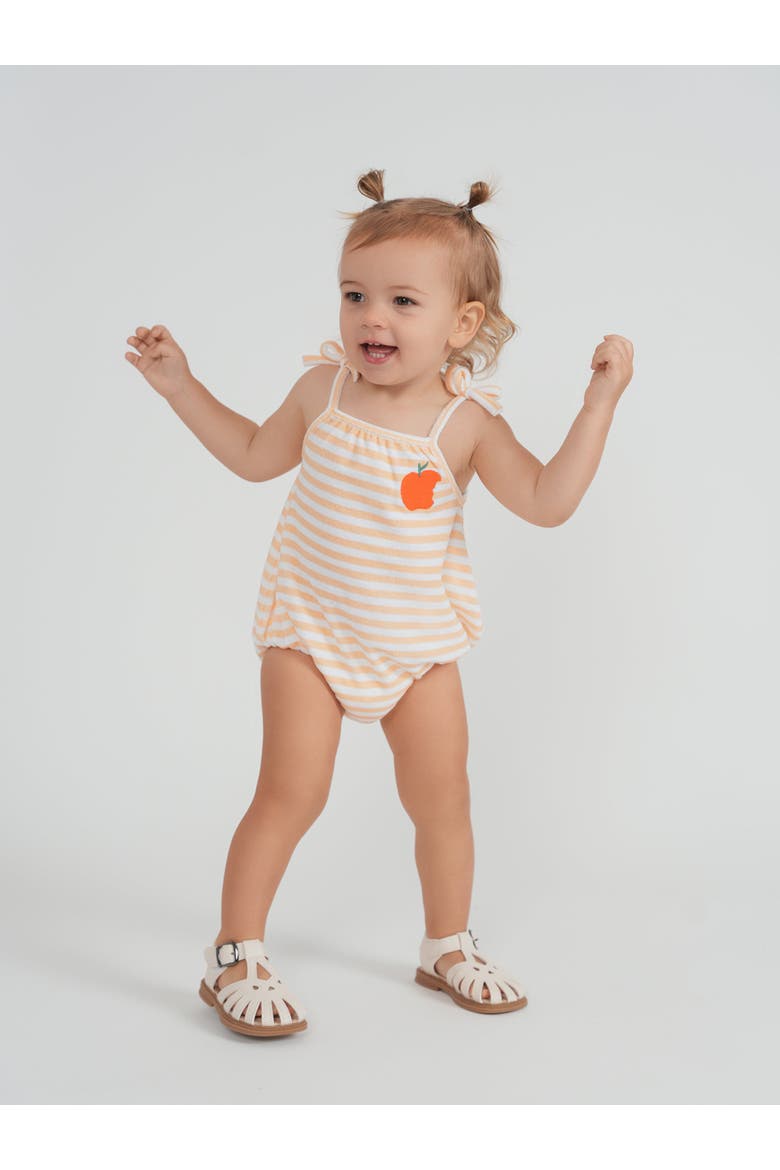 Girl Terry Peach Striped Chest Artwork Shoulder Bow Romper, Alternate, color, Cream/Peach