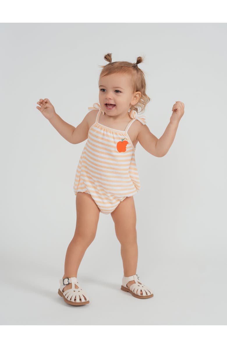 Puddles Girl Terry Peach Striped Chest Artwork Shoulder Bow Romper, Alternate, color, Cream/Peach
