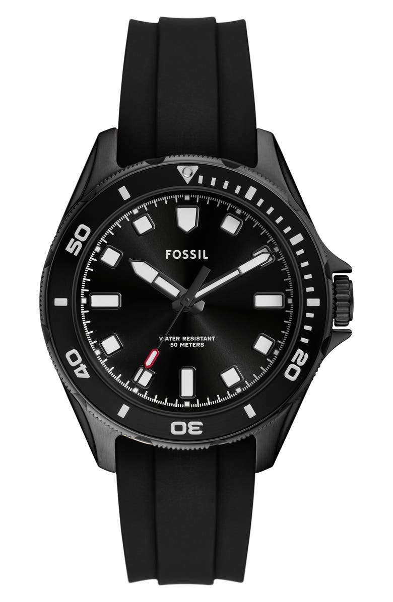 Fossil Dalton Three Hand Quartz Silicone Strap Watch, 42mm, Main, color, Black