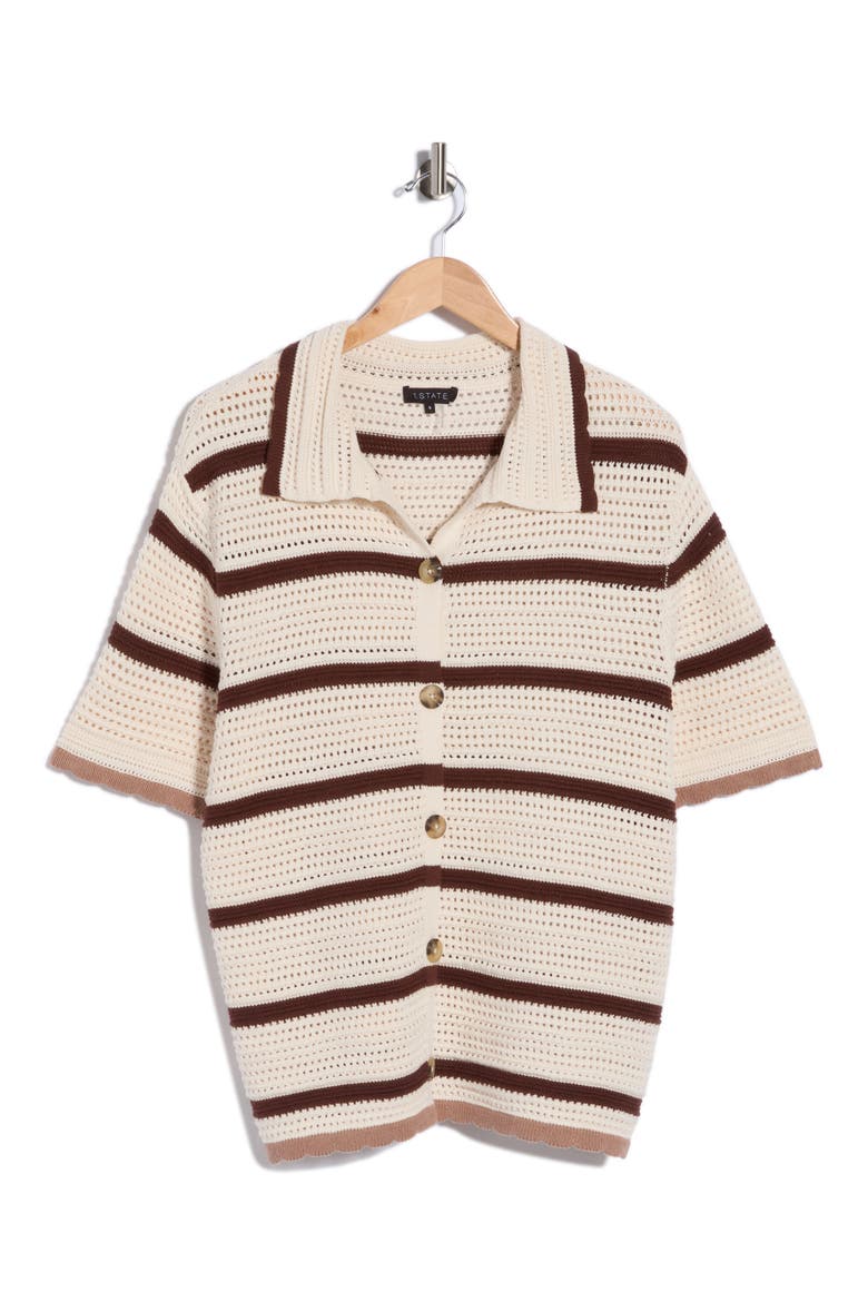 Mesh Stripe Button-Up Sweater Top, Alternate, color, ANTIQUE WHITE