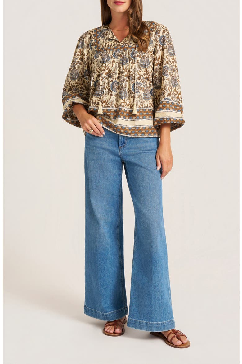 Acacia Floral Cotton Split Neck Top, Alternate, color, STORM